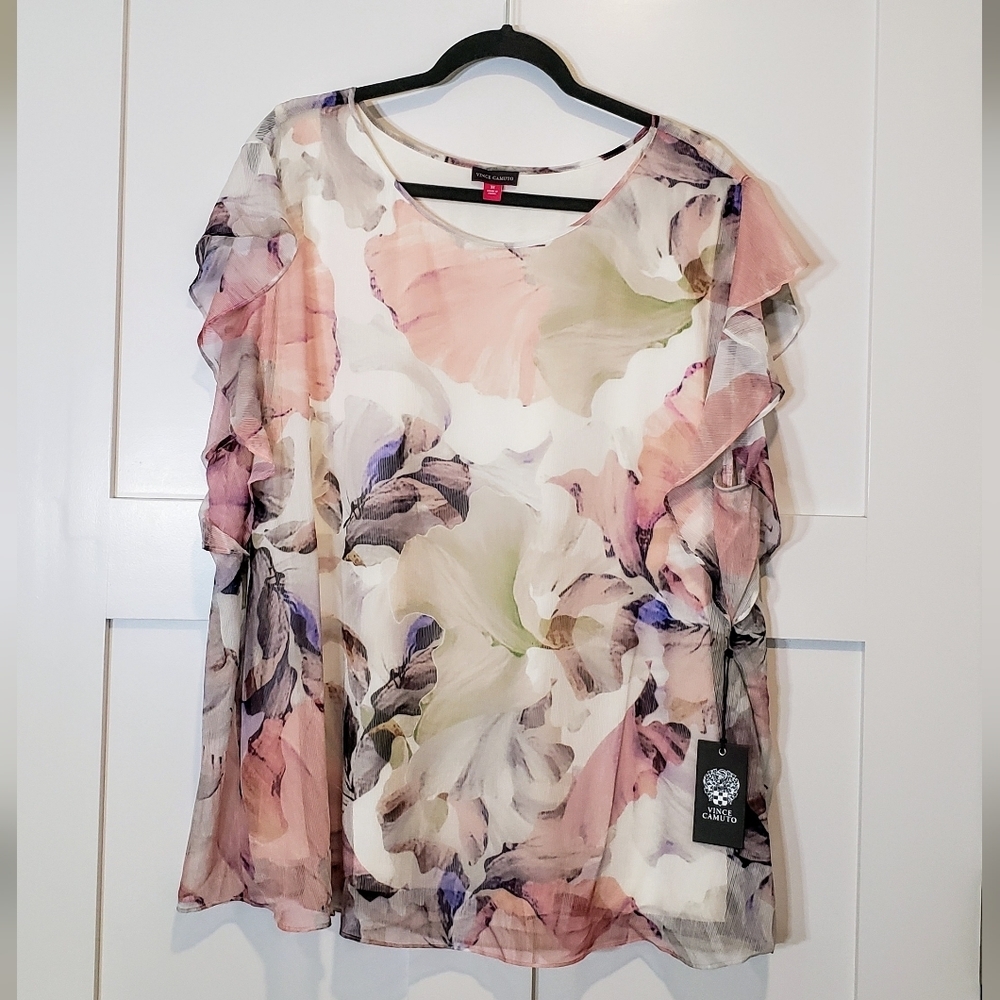 Vince Camuto Floral Ruffled Short Sleeves Spring Romance New Ivory Size …